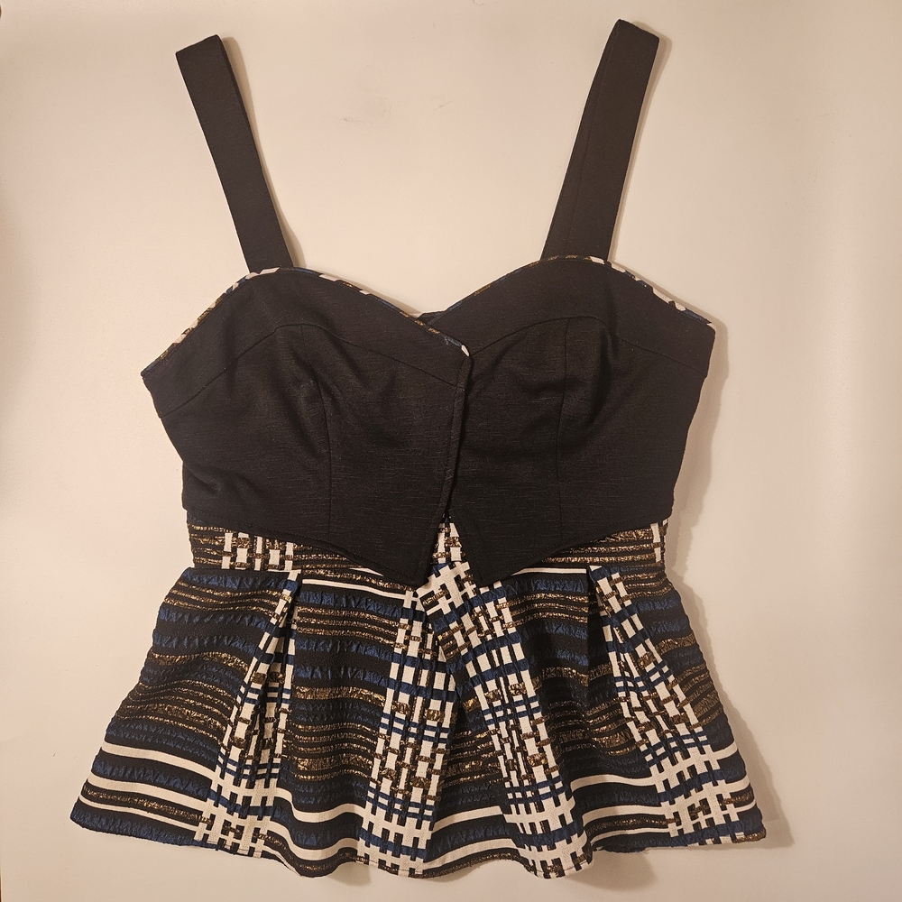 Anthropologie Deletta Black Peplum Top with Multicolor Patterns
